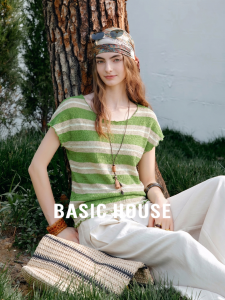 Basic House | Green Stripe Autumn Light Silk Round Neck Short Sleeve T-shirt