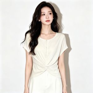 SHUAIYUE | Áo Blouse Tay Ngắn Ôm Body Đính Nơ Thanh Lịch