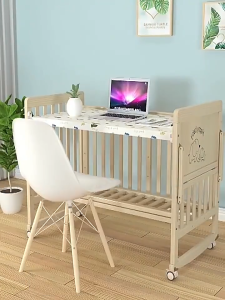 PlayPark Crib for Baby Solid Wood Convertible Bedside Crib with Mosquito Net & Mattress Multifunctional