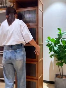 Bamboo Bookshelf Cabinet Rattan Door 2/4/5/6Layers Kitchen Living Room Storage Cabinet Organizer