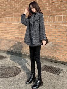 Thickened Woolen Coat Womens Autumn Winter New Small Size Casual Elegance High-End Plaid Woolen Coats Long Sleeve Suit Collar