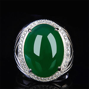 925 Sterling Silver Mens Ring Green Agate Large Gemstone Retro Orthidox Fashion Index Finger Ring Unique Design High-End Trendy