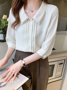 Double Layer Doll Collar Womens Shirt Korean Style Seven Sleeve Chiffon Top Spring Summer New Design Commute Straight Cut