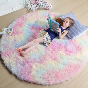 Vikama Rainbow Fluffy พรมกลมสําหรับห้องนอนหญิงตกแต่งบ้านสีสัน Pastel Shag วงกลมนุ่มน่ารัก Fuzzy พรม Preppy Dorm