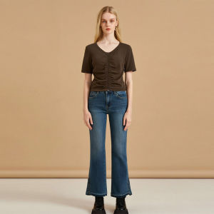 Slim Fit Casual Short Sleeve T-Shirt Pure Color Pleated Shoulder High Waist Slimming Womens Fashion Spring Autumn 2025