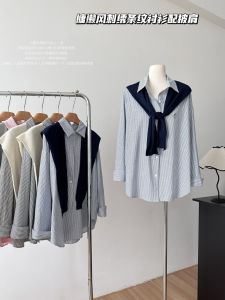 ลำลอง เสื้อเชิ้ตคอโปโลแขนยาว ผ้าคลุมไหล่ลาย กระดุมเดียว หลวม Fit โพลีเอสเตอร์ Blend ผู้หญิง แฟชั่น ฤดูใบไม้ร่วง สไตล์ใหม่ เสื้อท่อนบน