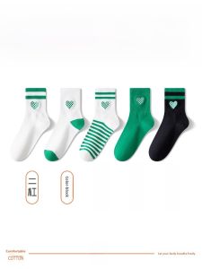 JINGCHI | Green Cotton Socks Womens Autumn Winter College Trendy Socks Ladies Pure Cotton Sweat Absorbent Anti-Odor Mid-Calf Sports Towel Cotton Socks