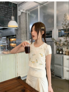 NIHAOKANONG | Áo Blouse Tay Ngắn Không Tay Thêu Xuyên Thấu Phong Cách Nước Pháp