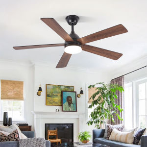 Gogeous 5 blades wooden ceiling fan with light 6 speed wind ceiling fan with led lights and remote modern design 52inch big ceiling fan lights