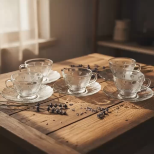Bộ 6 Ly & 6 Đĩa Thủy Tinh Retro 160ml – Hoa văn cổ điển sang trọng phù hợp decor bàn trà.