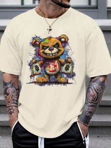 New mens summer loose outdoor breathable comfortable T-shirt cartoon bear print pattern casual sports round neck top
