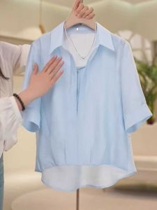 Plus Size Work Clothing Younger Polo Collar Chiffon Shirt Summer Casual Loose Silk Shirt Light Short Sleeve Tops Women