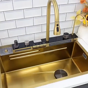 24 hours delivery Modern Smart Kitchen Sink Faucet Lababo Stainlessl Steel Piano Sink Set Double Waterfall Sink Black