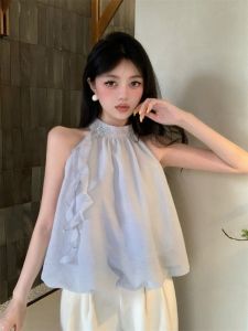 GUZILIAN | American Style Unique Chic Design Shoulder Bared Neck Hanging Belted Versatile Slimming Fairy Atmosphere Sleeveless Top For Women