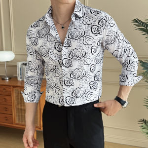 เสื้อเชิ้ตผู้ชายแขนยาวลายดอกไม้น่ารักสไตล์เกาหลีสุดเท่ เสื้อเชิ้ตคอกลมแบบปกติสำหรับใส่ทำงานและลำลองที่เข้ารูปและสวมใส่สบาย