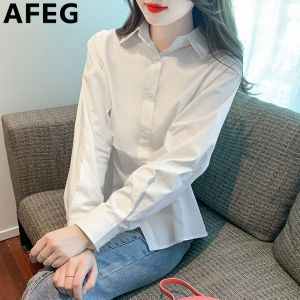 AFEG solid color Korean version shirt collar fashion waist pinched professional long sleeve blouse for women