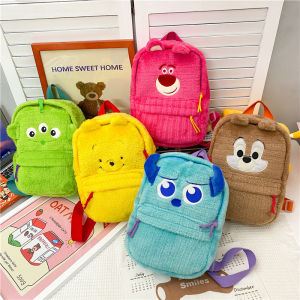 New Quality Cute Cartoon Strawberry Bear / Alien / Winnie the Pooh Plush Fluffy Soft Lambswool Embroidery Girl Thicken Zipper Backpack Shoulder Bag