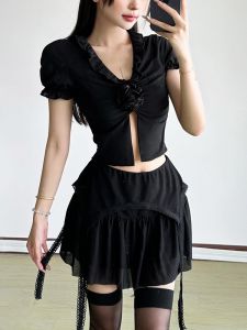 เสื้อยืดแขนสั้นลายดอกไม้สามมิติสำหรับผู้หญิง เสื้อผ้ากีฬาลำลอง สไตล์ยุโรป ทรงหลวม ไม่ซีดจาง หนา คอวี ผ้าฝ้ายผสม