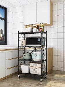 Foldable Storage Rack with Wheels 3 Tier 4 Tier Metal Storage Shelf Kitchen Rack Rolling Utility Trolley Organizer Shelf Bathroom Living Room Laundry Balcony Storage Cart