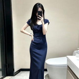 Y6Y | Square Neckline Slim Fit Waist Accentuating Pencil Blue Summer Dress