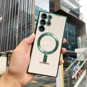 Plated Silicone Phone Case Full Cover Magnetic Absorption Transparent Anti-Fall for Samsung S24 Ultra S23FE Luxury Minimalist Thin