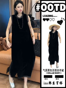 ชุดเดรสแขนกุดผ้ากำมะหยี่สีดำ ทรงหลวม ทรงยาว ทรงตรง ไซส์ใหญ่ เดรสผู้หญิงสีเข้ม ทรงสลิมฟิต