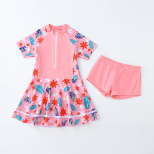 Girls Swimwear Set 7-14 Years Floral Print Short Sleeve Zip Up Swimsuit Two Piece
