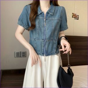 Retro Denim Shirt Cardigan Summer Short Design Sensation Niche Casual Zipper Jacket Trendy Womens Fashion Outerwear