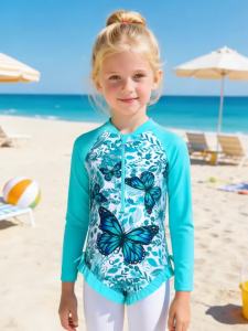 Swimming Costumes for Girls Long Sleeve Butterfly Design Swimsuit Hawaiian Bathing Suit Kids One Piece Quick Dry Swimwear