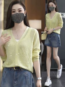 Shalldoer | Shanduo Brand Sequin Hollow Out Loose Summer New Thin Cardigan Womens Outerwear Sun Protection Knitted Open-Shirt Style