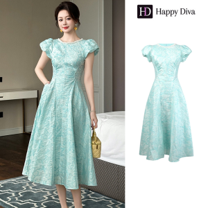 Happy Diva Womens Dresses Green Round Neck Puff Sleeve A-Line Dress Casual Dresses Formal Party Evening Dresses Wedding Dresses Student Graduation Dresses 45148