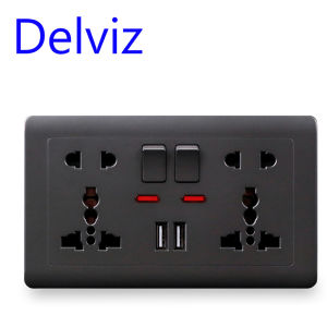 Delviz USB charging socket 2.1A Dual USB Port AC 110-250V 13A Wall-mounted Multi-functional USB power Universal 5 Hole Outlet