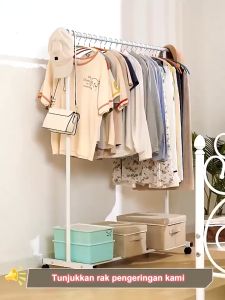 Stand Hanger 2 Susun, Rak Gantungan Baju Serbaguna, dan Rak Baju Besi Gawang Portable Dengan Roda
