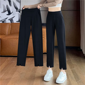 กางเกงขายาวผู้หญิงเอวสูงสีดำ ทรงสลิมฟิต กางเกงขายาวทรงตรง ทรงหลวม สไตล์ฮาราจูกุ ผ้าไหมน้ำแข็ง กางเกงขายาวลำลอง