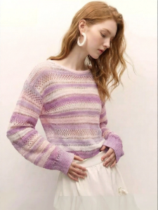 Casual Loose Knit Sweater with Hollow-out Design Pink-Purple Gradient Stripes
