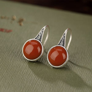 New 2024 Pure Silver South Red Agate Earrings Traditional Chinese Style Tibetan Red Agate Jewelry Fashion Accessory Womens Earrings