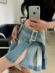 Blue Slimming High Waist Denim Pleated Skirt for Women Spring Summer Washed Vintage Side Split Street Style Short Skirt