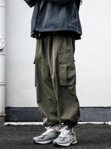 Retro Japanese Style Mens Workwear Pants Loose Straight Leg Casual Trousers with Large Pockets Trendy Loose Leg Trousers