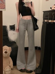 Low Waist Drawstring Elastic Waist Light Grey Casual Pants Womens Fashion Autumn Long Trousers Korean Style Commute Wind