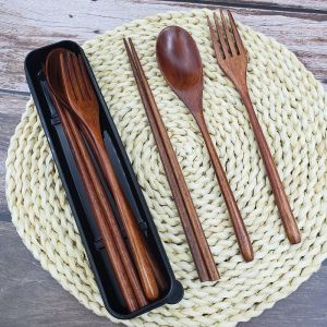 Nanmu Tableware Suit Adult Large Solid Wood Spoon Chopsticks Fork Three-Piece Wooden Student Portable Tableware