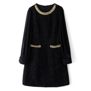 Beaded Lightweight Sheer Sleeve Tweed Waist Cinching Dress