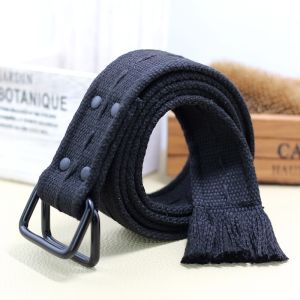 Trendy Korean Style Canvas Belt with Fringe Double Ring Buckle for Men And Women Outdoor Military Training Wide Woven Belt