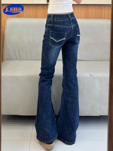 กางเกงยีนส์ทรงขาบานสไตล์อเมริกันย้อนยุคสำหรับผู้หญิง ฤดูใบไม้ร่วง/ฤดูหนาว กางเกงขายาวทรงเข้ารูปเอวต่ำ ทรงเข้ารูป ทรงเข้ารูป กางเกงยีนส์ทรงขาบาน