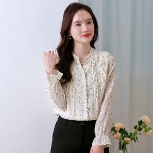 AMMIN 2024 Autumn new Sweet peplum polka dot print long-sleeved commuter chiffon shirt for Women Korean style Pleated V-neck elegant blouse with flared sleeves