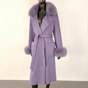 Áo Khoác Lông Cáo Thời Trang Nữ Mùa Đông Cổ Lông Cáo Thật Tự Nhiên Áo Khoác Len Ấm Áp Có Dây Lưng Điều Chỉnh Phong Cách Đường Phố Cao Cấp