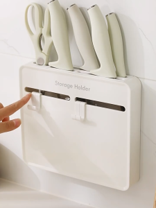 Wall-Mounted No-Drill Knife Holder with Hooks Kitchen Utensil Rack for Knives & Spatulas