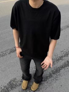 Cooling Short Sleeve Mens T-Shirt Pure Cotton Well-Combed Heavyweight American Style Small Collar Full Shoulder Summer Top