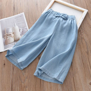 2 3 4 5 6 8 10 Years Girls Wide Leg Pants Summer New Fashion Casual Thin Bow Chiffon Cropped Trousers Birthday Gift Kids Clothes