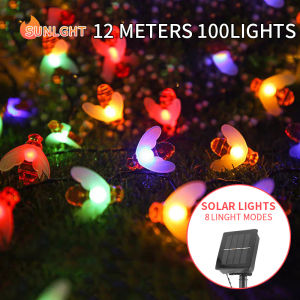Solar Christmas Lights Outdoor Waterproof 12M 100LED Christmas Decoration Party Outdoor Lantern Energy Saving Lamp Small Bee Shape