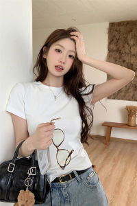 White Cotton Basic round Neck Short Sleeve T-Shirt Womens Summer Slim Fit Top Cute Style Casual Pure Color Universal Fit